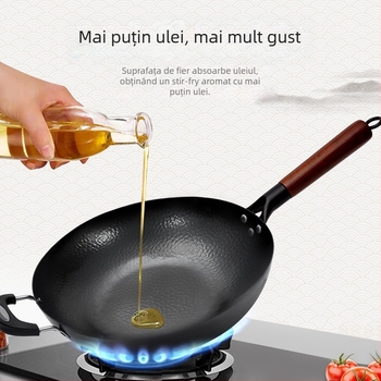 Wok din fier forjat cu bază plată, tigaie tradițională pentru uz casnic, compatibilă cu plite cu inducție și aragaz, fără strat de acoperire