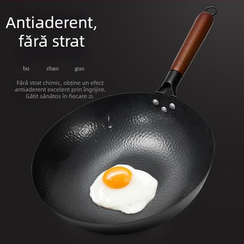 Wok din fier forjat cu bază plată, tigaie tradițională pentru uz casnic, compatibilă cu plite cu inducție și aragaz, fără strat de acoperire