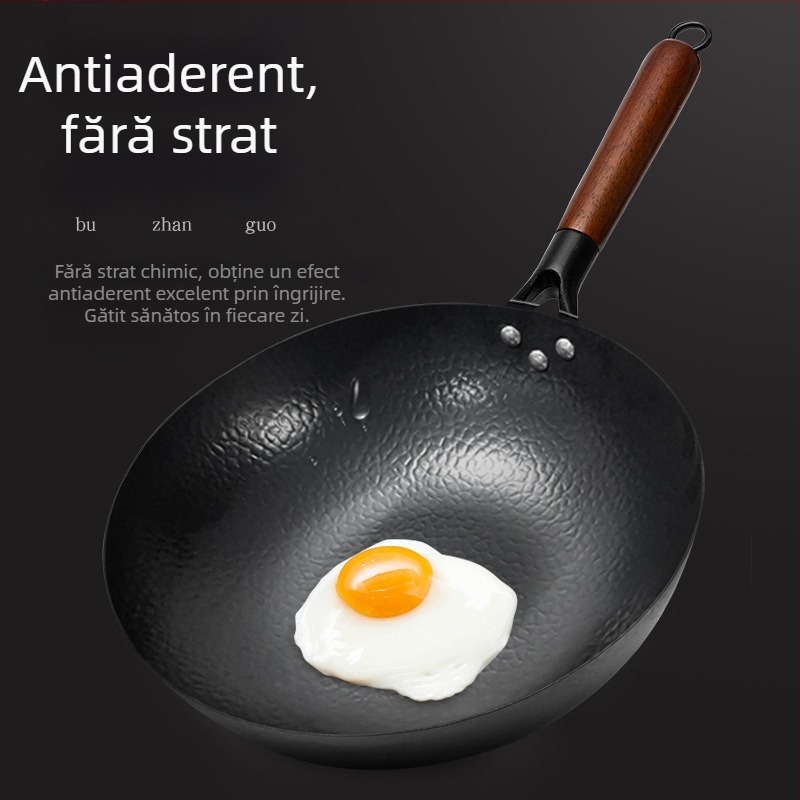 Wok din fier forjat cu bază plată, tigaie tradițională pentru uz casnic, compatibilă cu plite cu inducție și aragaz, fără strat de acoperire
