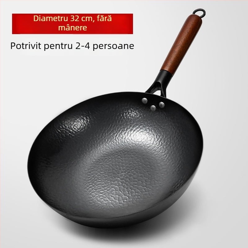 Wok din fier forjat cu bază plată, tigaie tradițională pentru uz casnic, compatibilă cu plite cu inducție și aragaz, fără strat de acoperire