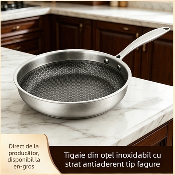 Tigaie antiaderentă din oțel inoxidabil cu textură fagure, universală pentru plite, distribuție uniformă a căldurii
