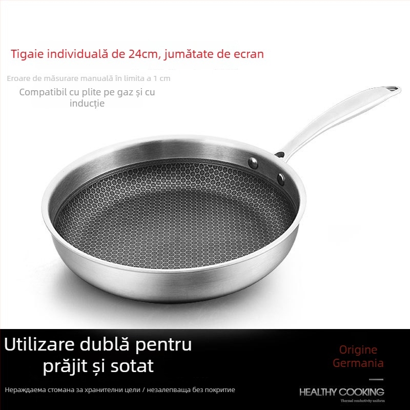 Tigaie antiaderentă din oțel inoxidabil cu textură fagure, universală pentru plite, distribuție uniformă a căldurii