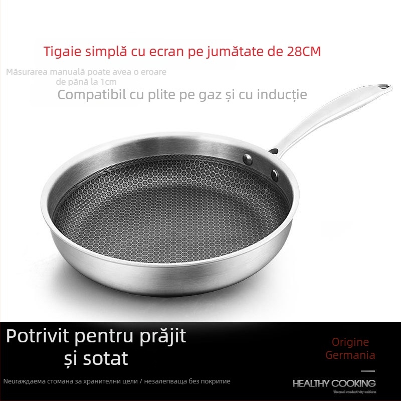 Tigaie antiaderentă din oțel inoxidabil cu textură fagure, universală pentru plite, distribuție uniformă a căldurii