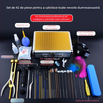 Set profesional de instrumente pentru curățarea urechilor, cu linguri de urechi cu încuietoare, luminoase
