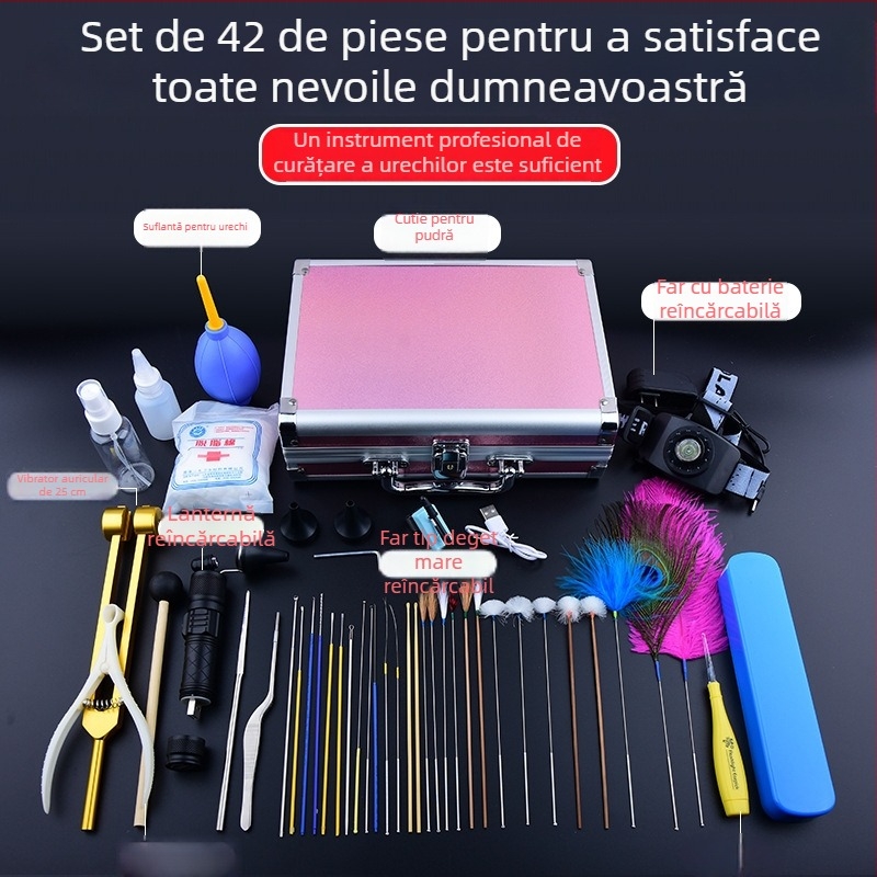 Set profesional de instrumente pentru curățarea urechilor, cu linguri de urechi cu încuietoare, luminoase