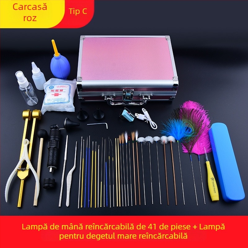 Set profesional de instrumente pentru curățarea urechilor, cu linguri de urechi cu încuietoare, luminoase
