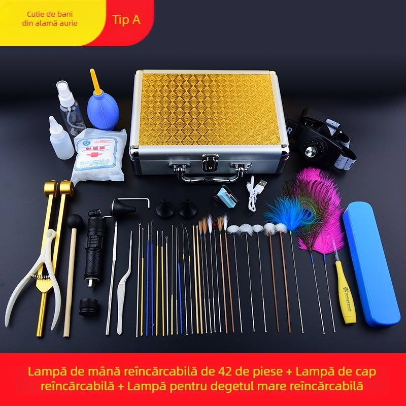 Set profesional de instrumente pentru curățarea urechilor, cu linguri de urechi cu încuietoare, luminoase
