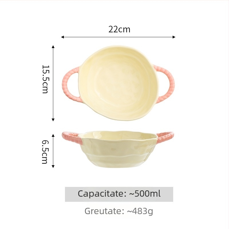 Vas ceramic pentru supă, cu două mâneri, utilizare casnică; potrivit pentru coacere și prăjire; bol pentru salate și fructe; compatibil cu cuptor cu microunde; compatibil cu cuptor cu aer cald