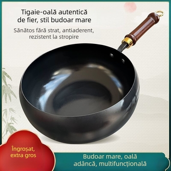 Wok din fier forjat, stil autentic antic, corp mare și bază plată, neacoperit, pentru gătit acasă