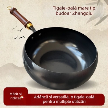 Wok din fier forjat, stil autentic antic, corp mare și bază plată, neacoperit, pentru gătit acasă