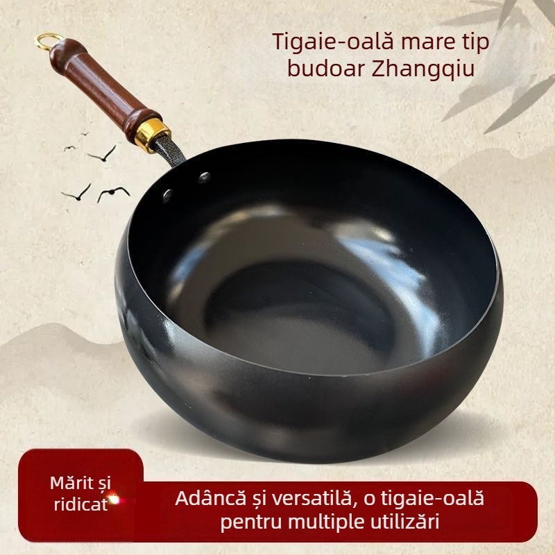 Wok din fier forjat, stil autentic antic, corp mare și bază plată, neacoperit, pentru gătit acasă