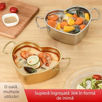 Oală din oțel inoxidabil 304, porționare, inimă cu mâner, stil coreean, vas pentru tăiței, 1,1–2 L