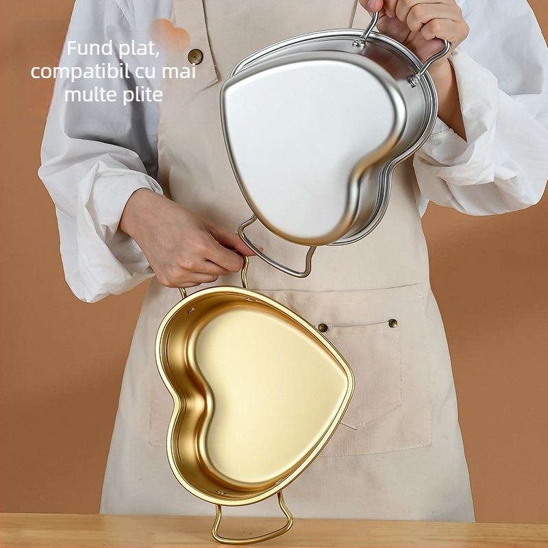 Oală din oțel inoxidabil 304, porționare, inimă cu mâner, stil coreean, vas pentru tăiței, 1,1–2 L