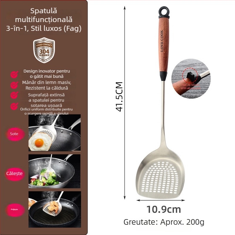 Spatulă de gătit din oțel inoxidabil 304, cu mâner din lemn, pentru prăjit, ustensilă de bucătărie cu mâner lung, rezistentă la căldură