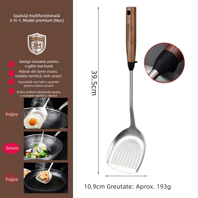 Spatulă de gătit din oțel inoxidabil 304, cu mâner din lemn, pentru prăjit, ustensilă de bucătărie cu mâner lung, rezistentă la căldură