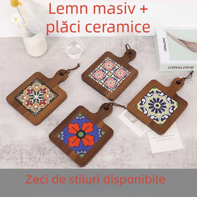 Covoraș din lemn rezistent la căldură, cu mâner în model floral de plăci, stil nordic