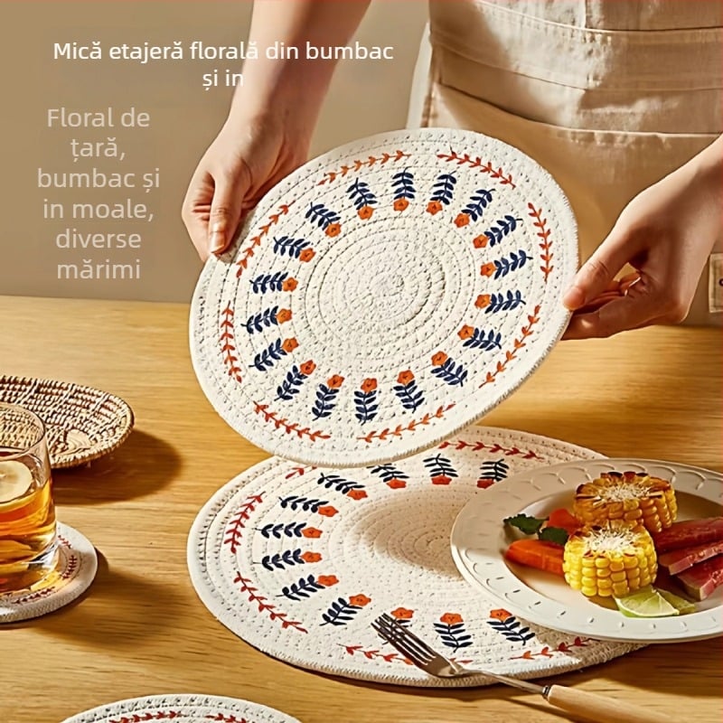 Rotund din bumbac și in, cu model floral pastoral, pentru masă de bucătărie, izolație termică, anti-arsuri, multifuncțional