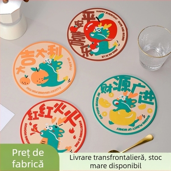 Covoraș circular din silicon cu izolație termică și model dragon, gros, anti-alunecare, pentru pahare și masă