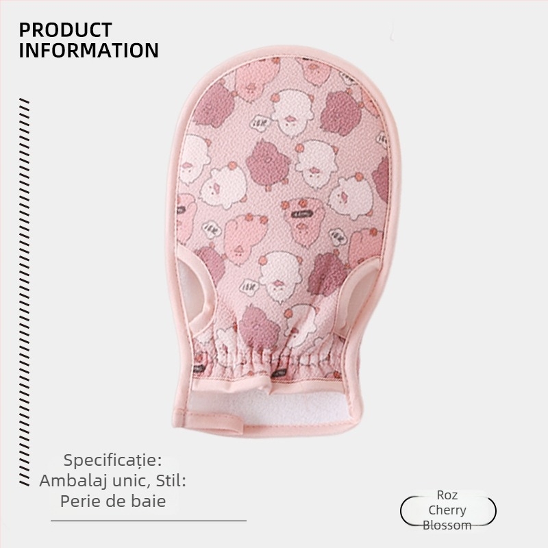 Prosop de baie dublu față pentru exfoliere, cu mănușă de frecare și bandă pentru spate