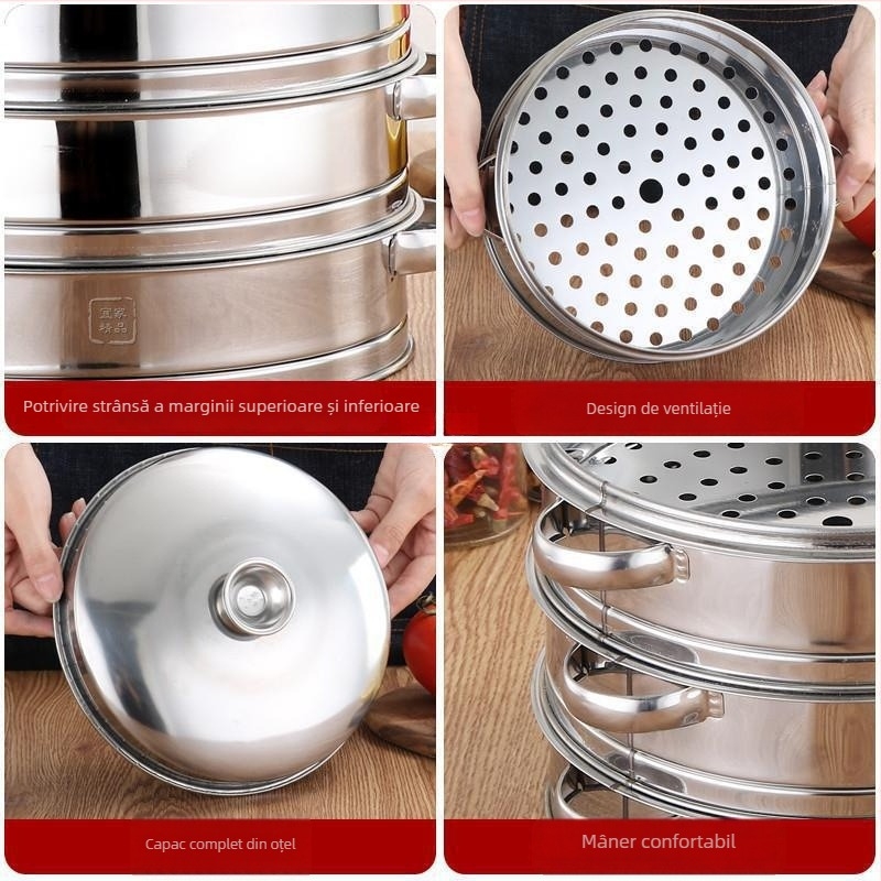 Coș de aburi din oțel inoxidabil, design concav, mai gros și mai înalt, diametru 20–38 cm, coș de aburi multifuncțional pentru oale
