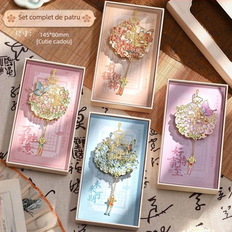 Semn de carte metalic cu ciucure, stil Orașul Interzis, cu siglă – cadou memorial cultural și creativ pentru elevi și profesori