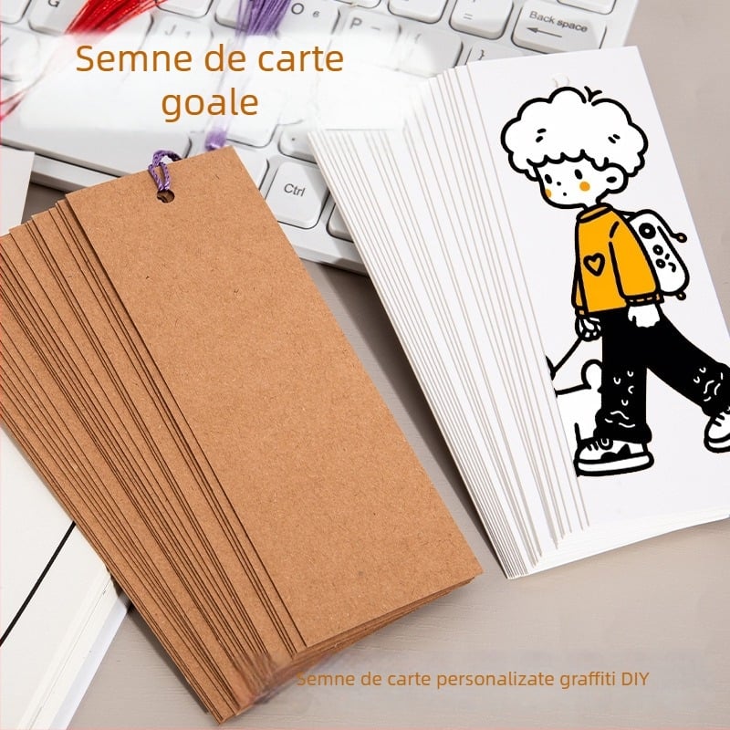 Semn de carte gol, handmade DIY cu ciucuri, stil antic, carton gros, batik pe hârtie de orez, caligrafie desenată manual