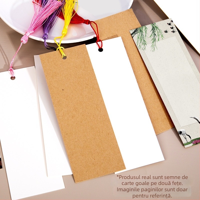 Semn de carte gol, handmade DIY cu ciucuri, stil antic, carton gros, batik pe hârtie de orez, caligrafie desenată manual