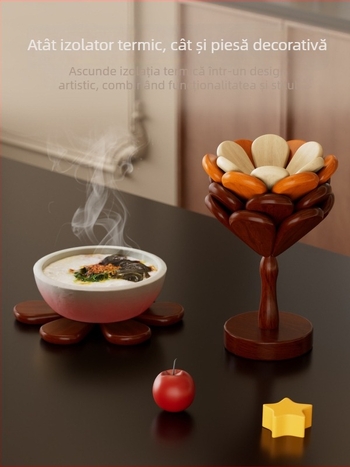 Placă din lemn masiv, izolație termică pentru bucătărie, protecție împotriva arsurilor și temperaturilor înalte, covoraș pentru boluri și oale, ornament decorativ cu lotus pentru uz casnic