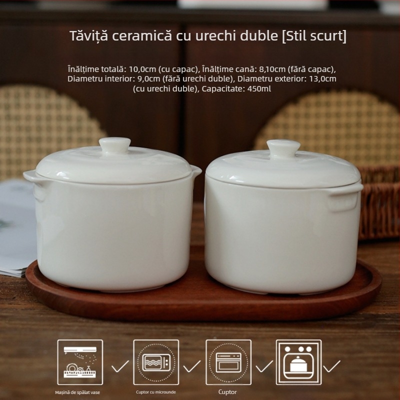 Căniță de porțelan pentru o porție cu capac — vas ceramic mini cu două mâneri pentru supă cu cuiburi de păsări, potrivit pentru uz casnic sau hotelier