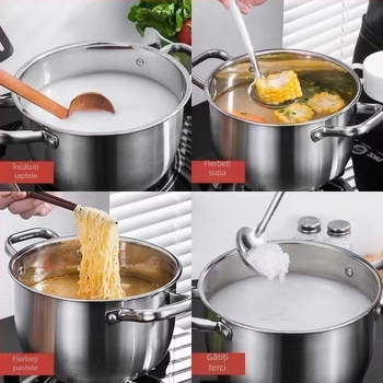 Oală de supă din oțel inoxidabil 316, grosime extra, pentru uz casnic — pentru fiert, gătit la terci, hot pot și gătit la abur; compatibilă cu aragaz cu gaz și plită cu inducție