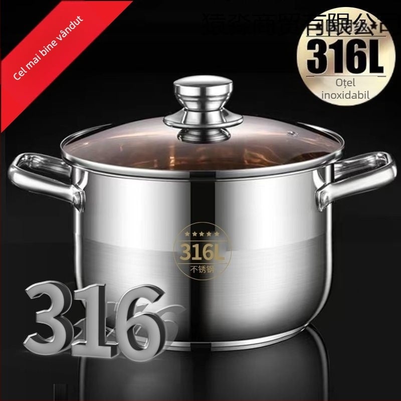 Oală de supă din oțel inoxidabil 316, grosime extra, pentru uz casnic — pentru fiert, gătit la terci, hot pot și gătit la abur; compatibilă cu aragaz cu gaz și plită cu inducție