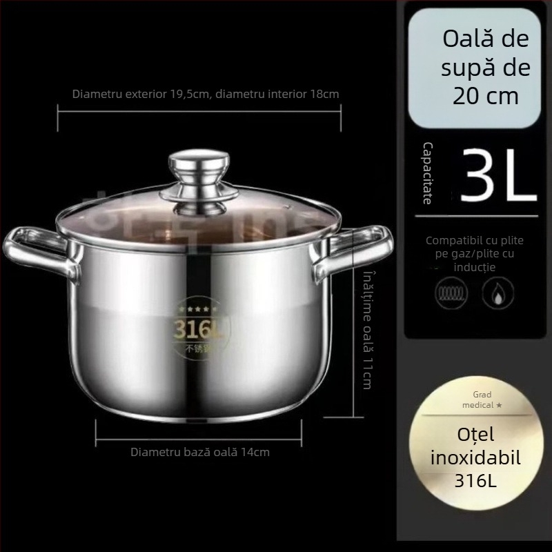 Oală de supă din oțel inoxidabil 316, grosime extra, pentru uz casnic — pentru fiert, gătit la terci, hot pot și gătit la abur; compatibilă cu aragaz cu gaz și plită cu inducție