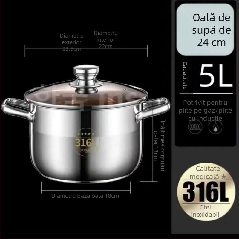 Oală de supă din oțel inoxidabil 316, grosime extra, pentru uz casnic — pentru fiert, gătit la terci, hot pot și gătit la abur; compatibilă cu aragaz cu gaz și plită cu inducție