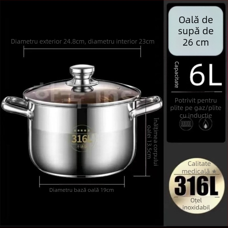 Oală de supă din oțel inoxidabil 316, grosime extra, pentru uz casnic — pentru fiert, gătit la terci, hot pot și gătit la abur; compatibilă cu aragaz cu gaz și plită cu inducție