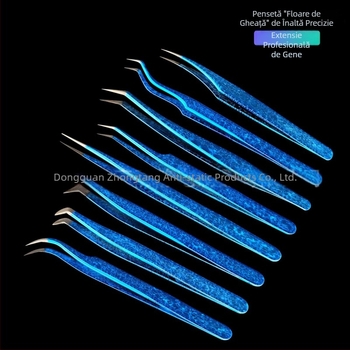 Instrument pentru aplicarea extensiilor de gene cu design floare de gheață și textură crăpată, din oțel inoxidabil, precizie înaltă