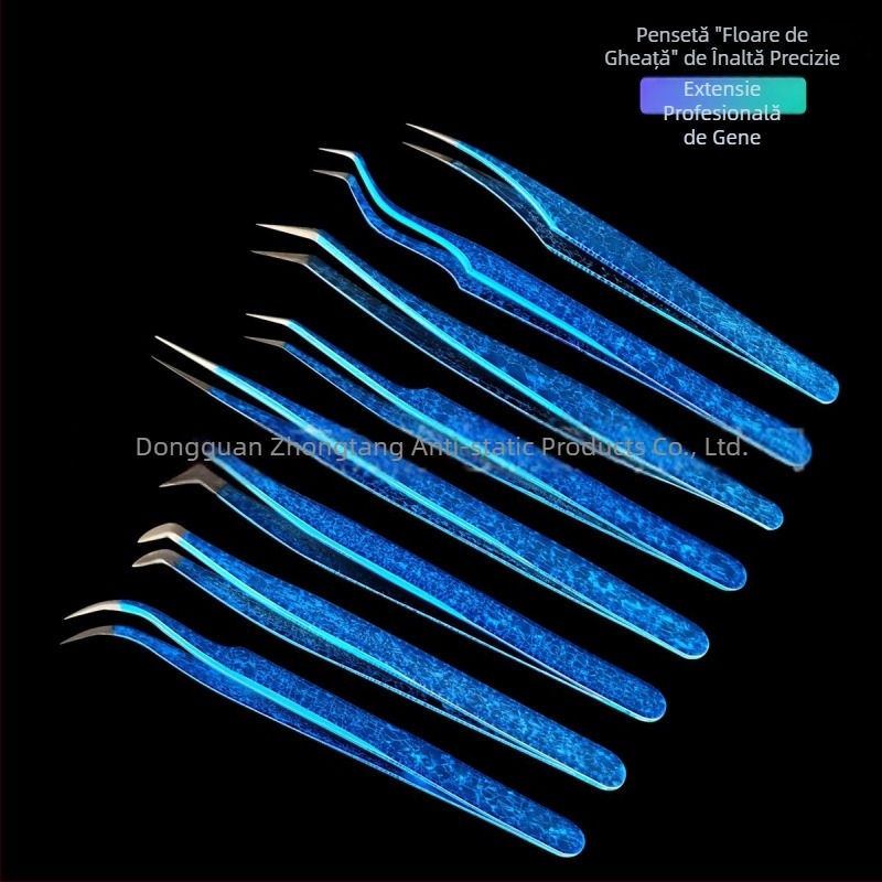 Instrument pentru aplicarea extensiilor de gene cu design floare de gheață și textură crăpată, din oțel inoxidabil, precizie înaltă