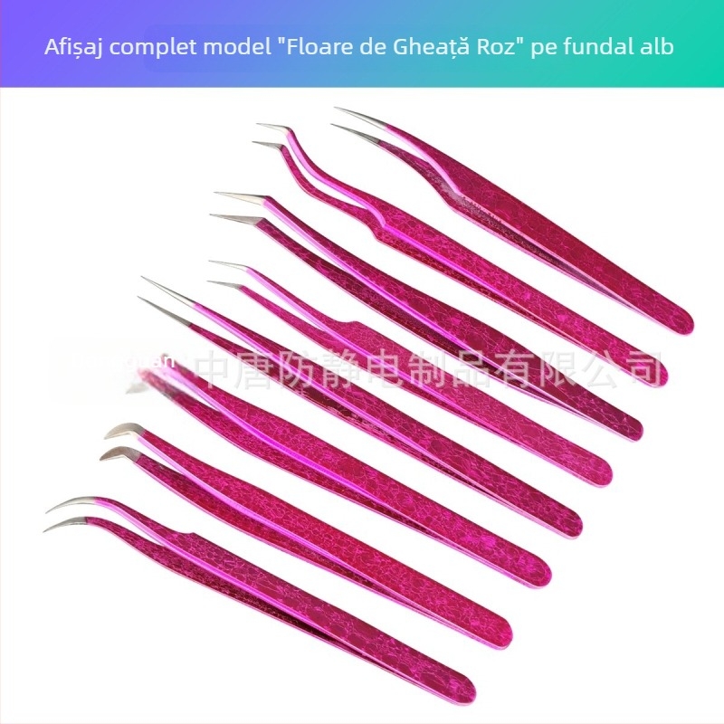Instrument pentru aplicarea extensiilor de gene cu design floare de gheață și textură crăpată, din oțel inoxidabil, precizie înaltă
