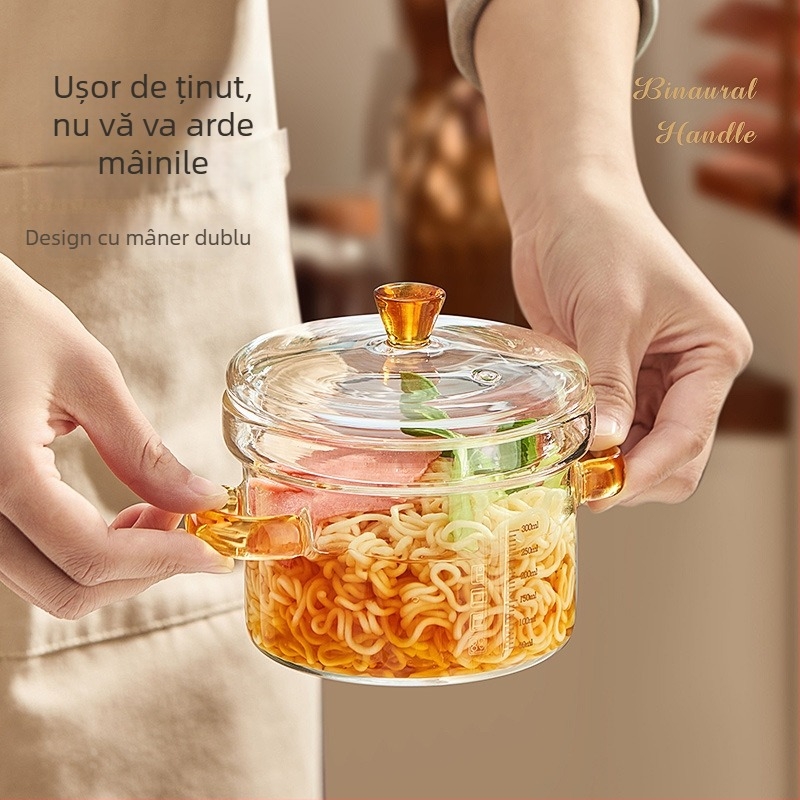 Oală din sticlă borosilicată cu scară, vas pentru lapte și aburitor de ouă, oală de supă cu mâner dublu pentru flacără deschisă