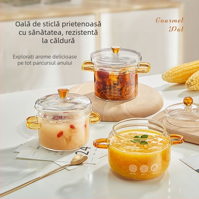 Oală din sticlă borosilicată cu scară, vas pentru lapte și aburitor de ouă, oală de supă cu mâner dublu pentru flacără deschisă