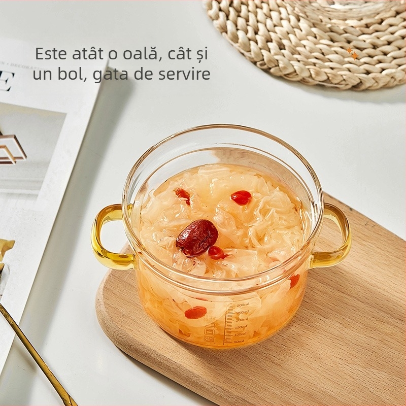 Oală din sticlă borosilicată cu scară, vas pentru lapte și aburitor de ouă, oală de supă cu mâner dublu pentru flacără deschisă