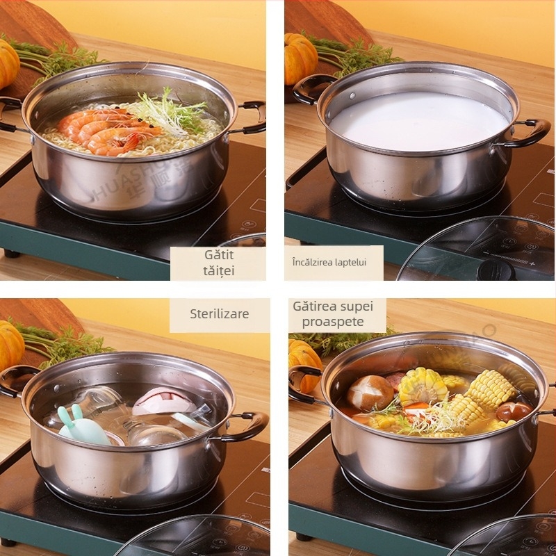 Oală de supă din oțel inoxidabil cu capac, clasă alimentară, construcție îngroșată, pentru uz casnic, compatibilă cu plite cu inducție și gaz, capacitate 2,1–3 L, material 430 din oțel inoxidabil