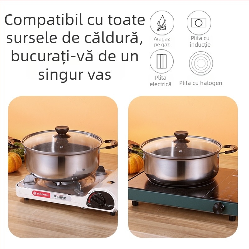 Oală de supă din oțel inoxidabil cu capac, clasă alimentară, construcție îngroșată, pentru uz casnic, compatibilă cu plite cu inducție și gaz, capacitate 2,1–3 L, material 430 din oțel inoxidabil