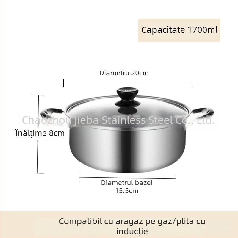 Oală de supă din oțel inoxidabil cu capac, clasă alimentară, construcție îngroșată, pentru uz casnic, compatibilă cu plite cu inducție și gaz, capacitate 2,1–3 L, material 430 din oțel inoxidabil