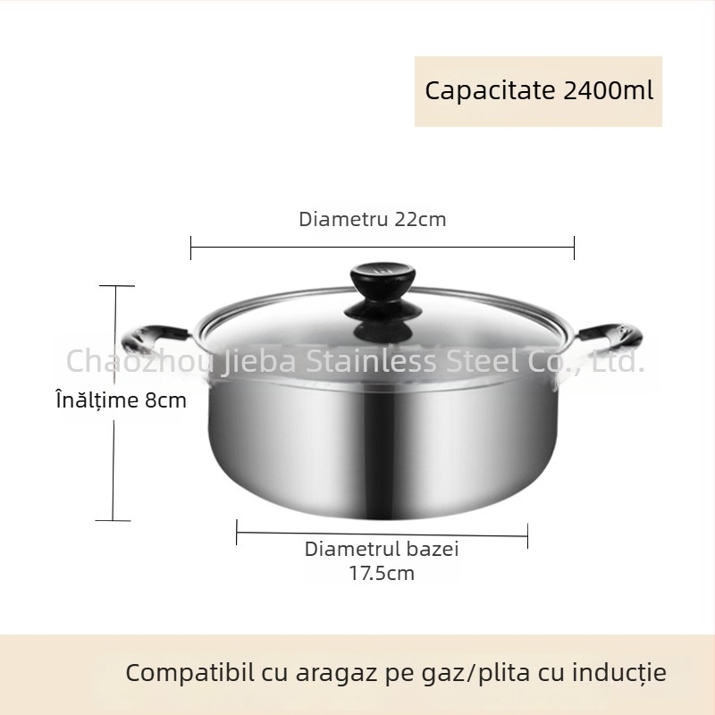 Oală de supă din oțel inoxidabil cu capac, clasă alimentară, construcție îngroșată, pentru uz casnic, compatibilă cu plite cu inducție și gaz, capacitate 2,1–3 L, material 430 din oțel inoxidabil
