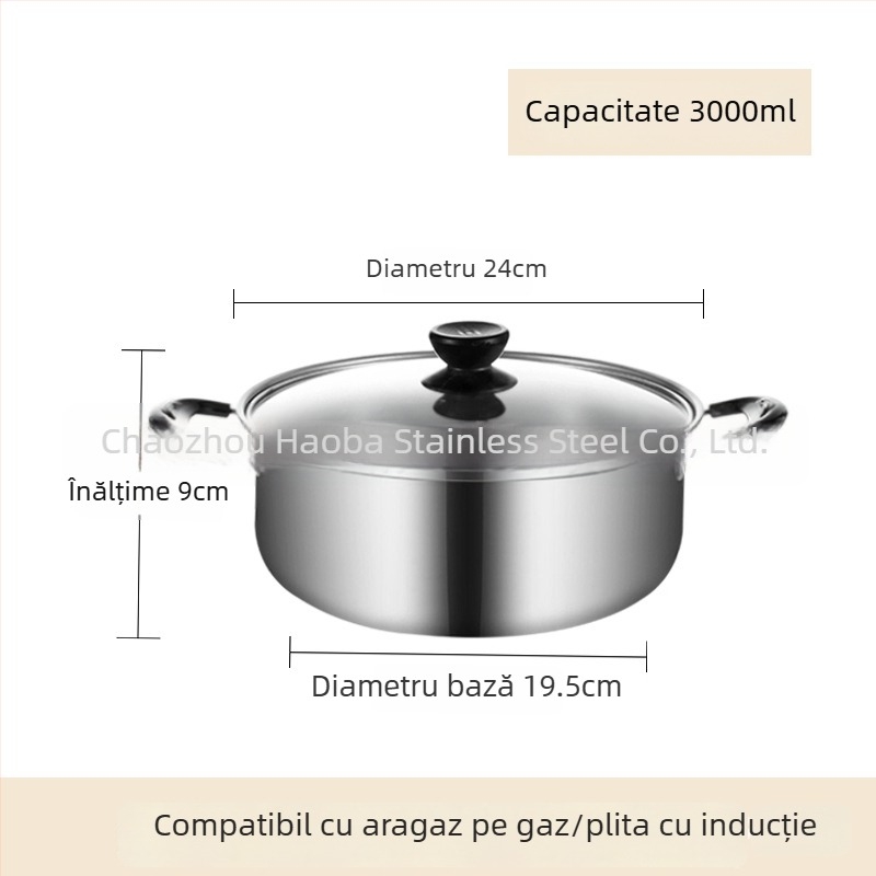 Oală de supă din oțel inoxidabil cu capac, clasă alimentară, construcție îngroșată, pentru uz casnic, compatibilă cu plite cu inducție și gaz, capacitate 2,1–3 L, material 430 din oțel inoxidabil