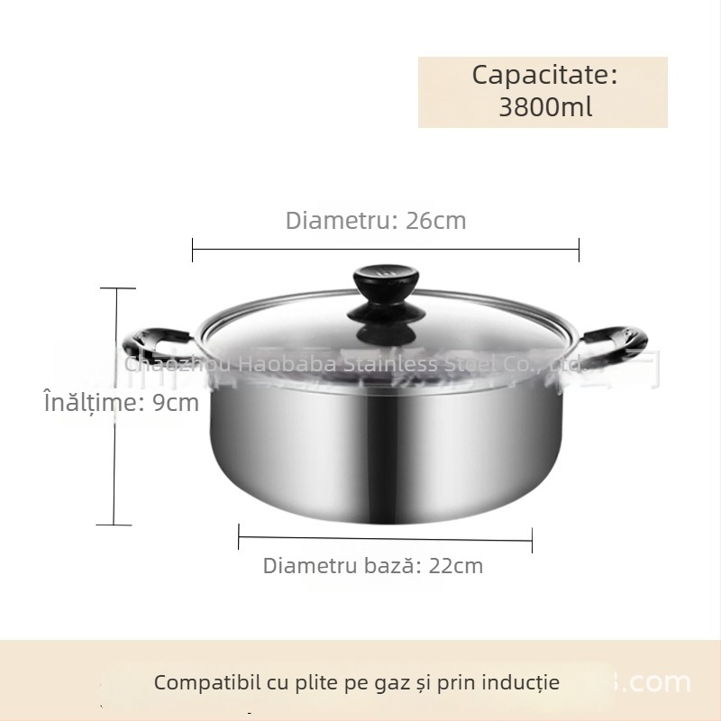 Oală de supă din oțel inoxidabil cu capac, clasă alimentară, construcție îngroșată, pentru uz casnic, compatibilă cu plite cu inducție și gaz, capacitate 2,1–3 L, material 430 din oțel inoxidabil