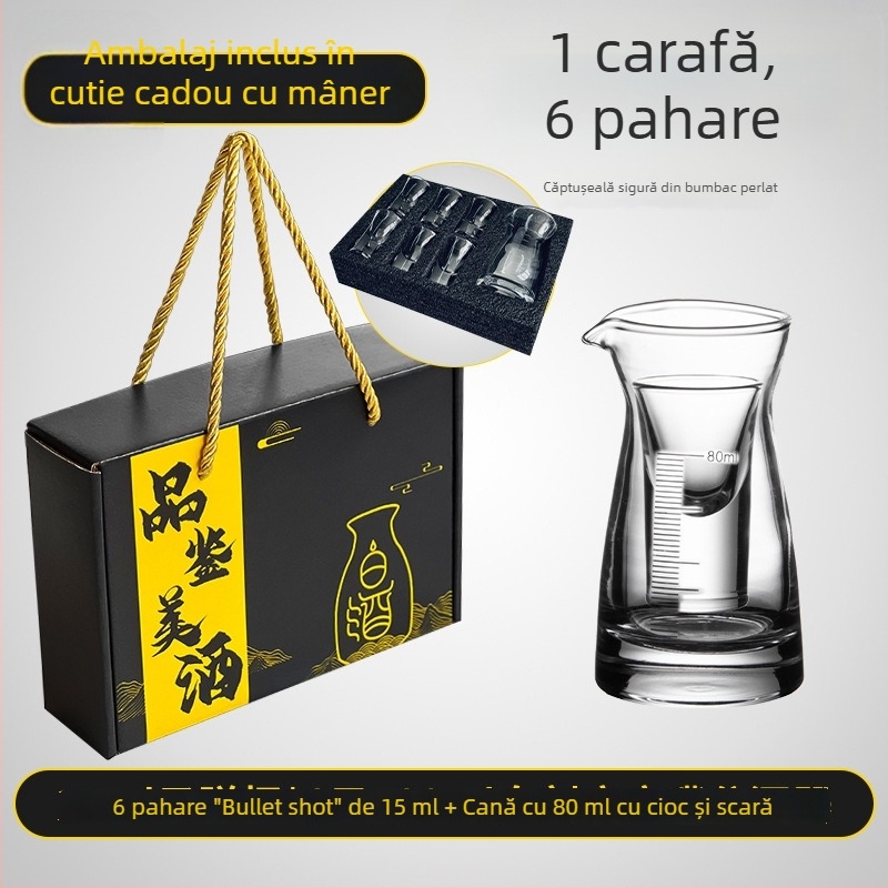 Set de pahare pentru baijiu într-o cutie cadou, cu pahare mici în formă de glonț și un decantor gradat