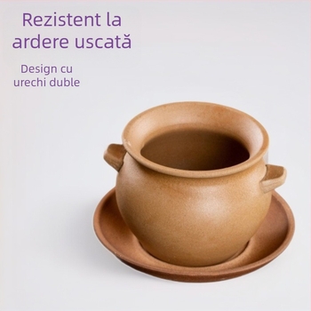 Caserolă ceramică, 1 L, ceramică brută, realizată manual, compatibilă cu plita pe gaz, rezistentă la temperaturi înalte, fără capac