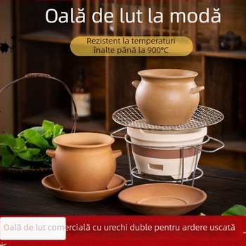 Caserolă ceramică, 1 L, ceramică brută, realizată manual, compatibilă cu plita pe gaz, rezistentă la temperaturi înalte, fără capac