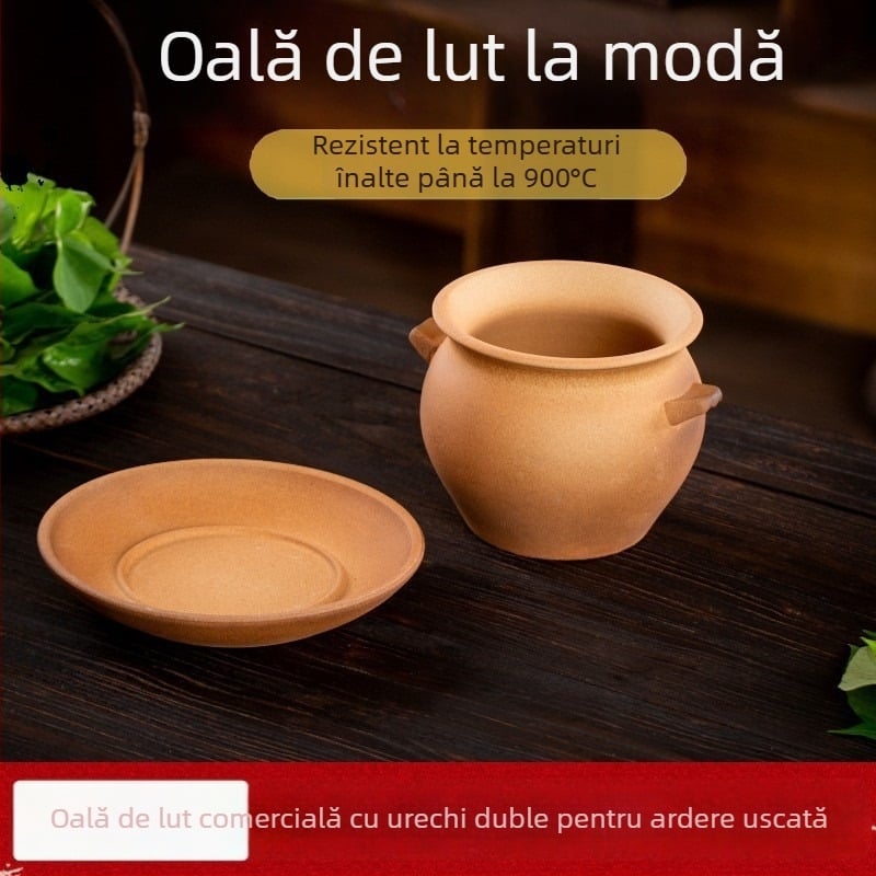 Caserolă ceramică, 1 L, ceramică brută, realizată manual, compatibilă cu plita pe gaz, rezistentă la temperaturi înalte, fără capac